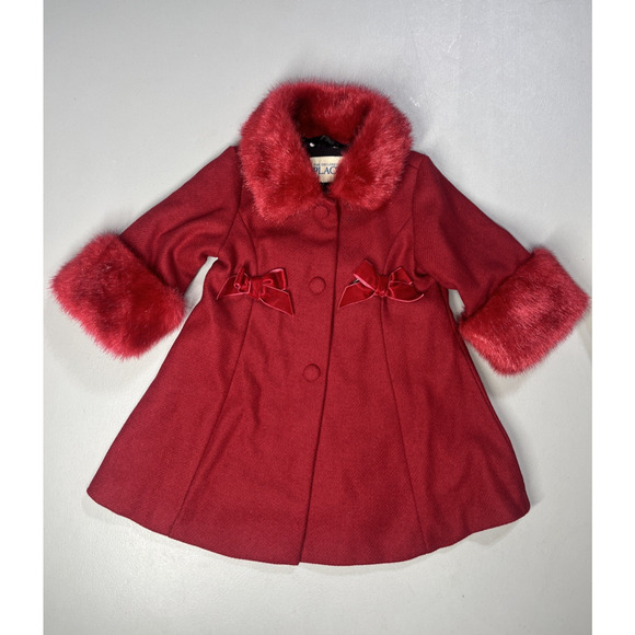 Children's Place Kids Wool Holiday Coat 12 MOS Red Faux Fur Trim Velvet Bows - Picture 1 of 10